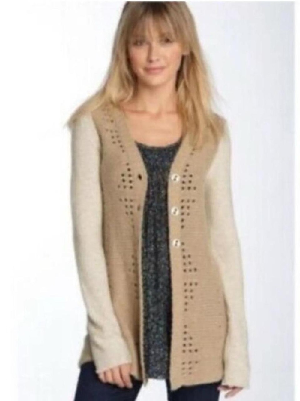 Free People Beige and Cream Openwork Button Cardigan